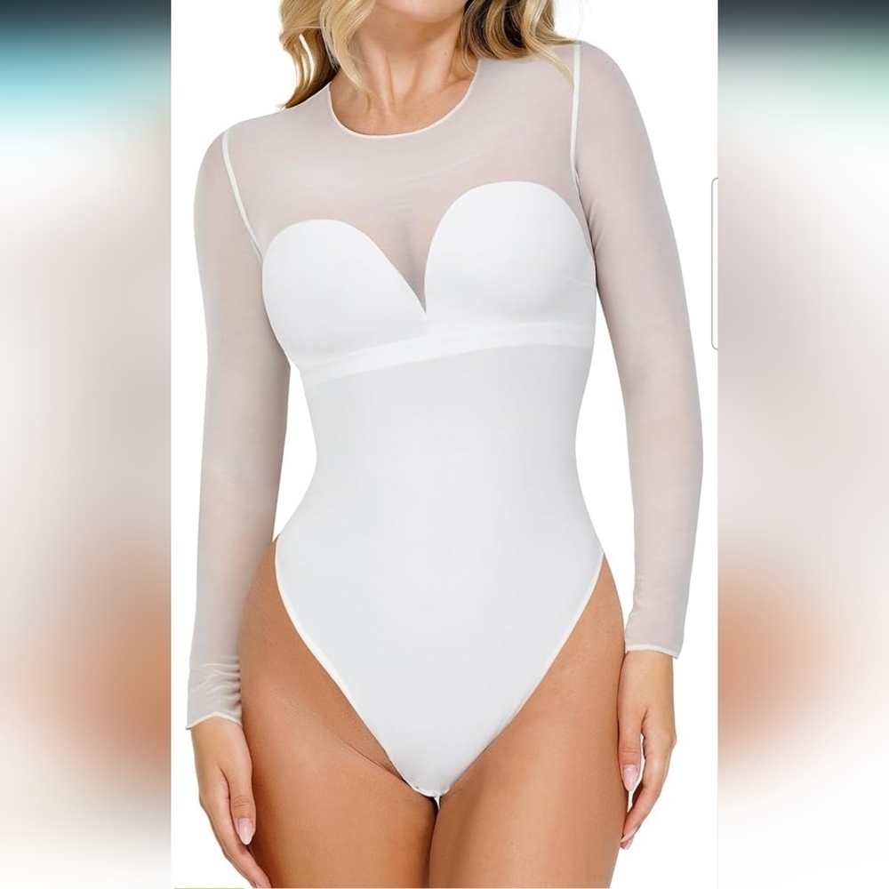 Popilush Longsleeve White Mesh Shapewear Tummy Control Bodysuit Size  3XL